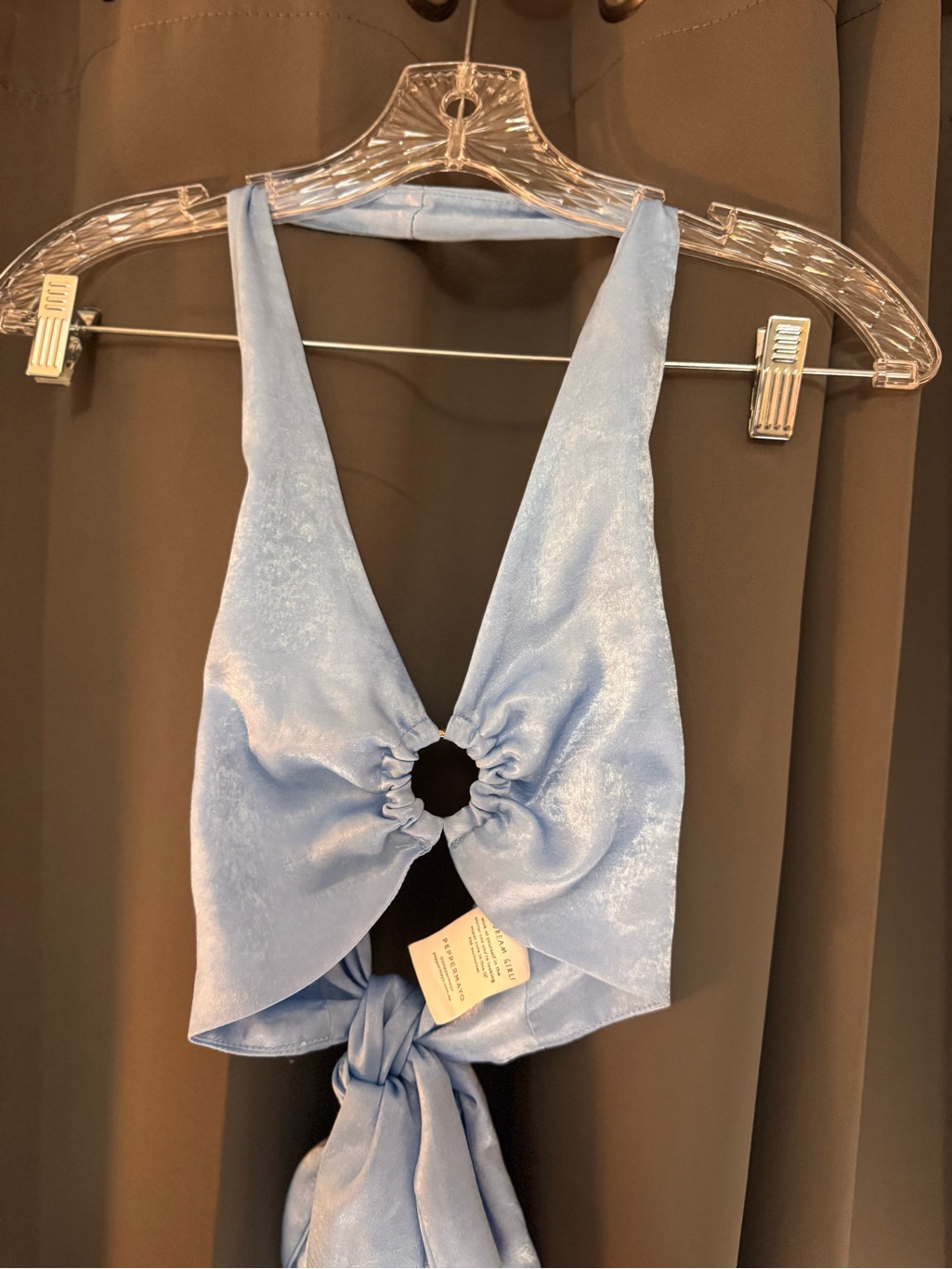 Peppermayo Light Blue Satin Halter Top With Front Ring Detail Size 2